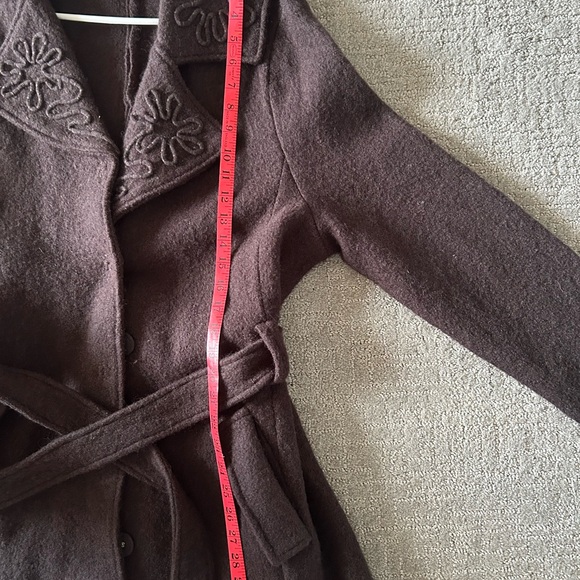 NWOT Cynthia Rowley Dark Brown Trench Coat with Floral Design Belted Wool XL NEW - Picture 8 of 11